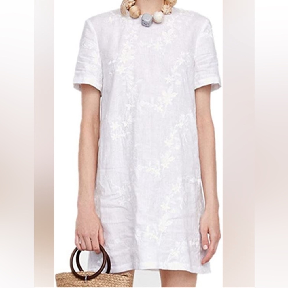 Cotton Linen White Embroidered Floral Mini Dress
